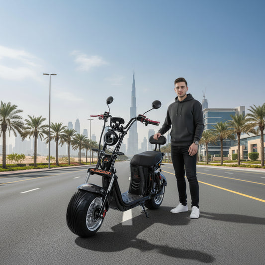 Man standing next to a black Kugoo Electric Fat Tyre Harley Scooter