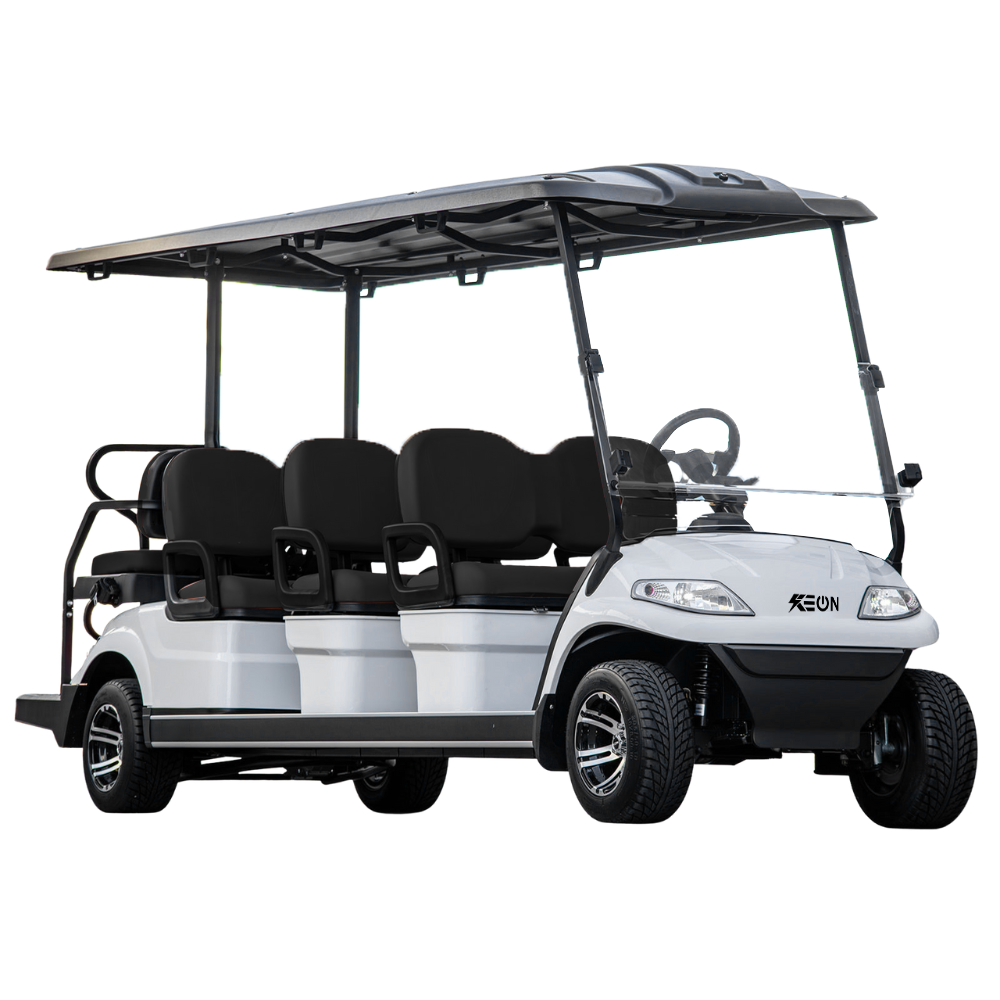 White Keon golf cart with black seats