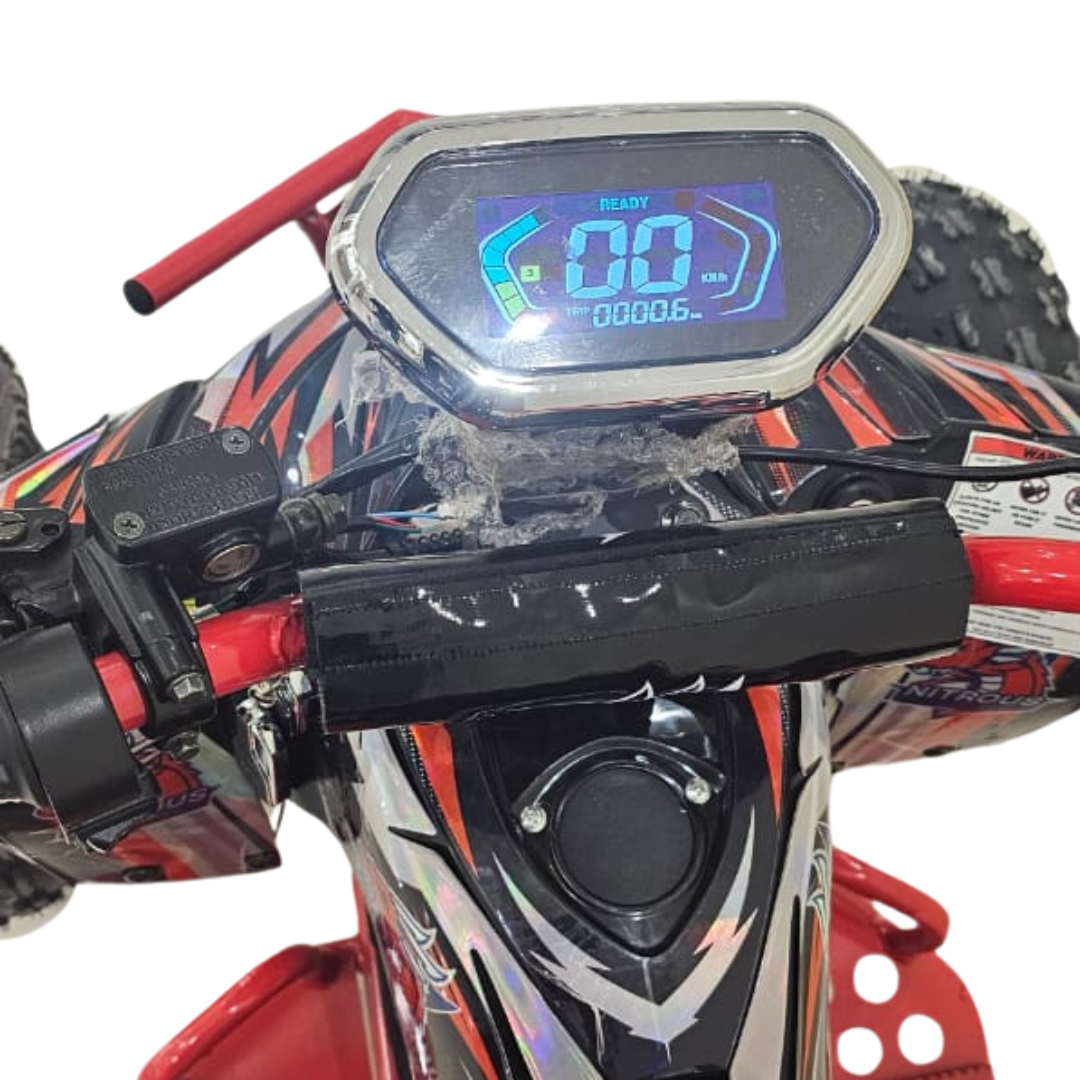 Close-up of a ATV's digital dashboard with handlebar design