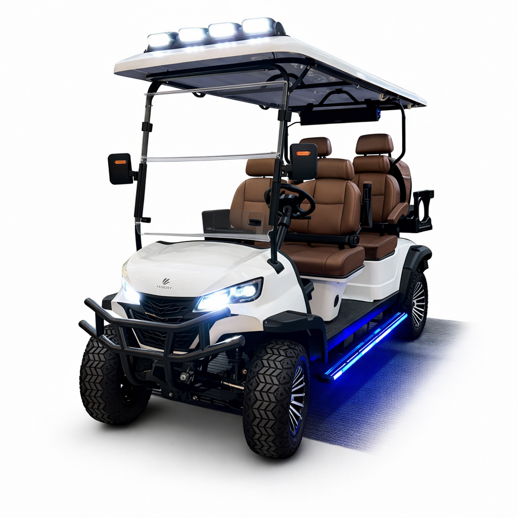 White golf cart with brown seats
