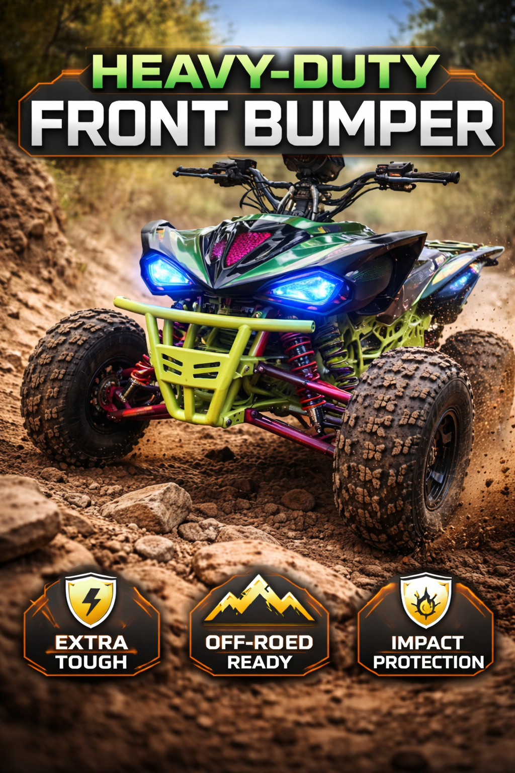 ATV with a heavy-duty front bumper on a dirt trail, featuring