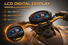 Motorcycle dashboard with LCD digital display highlighting features 
