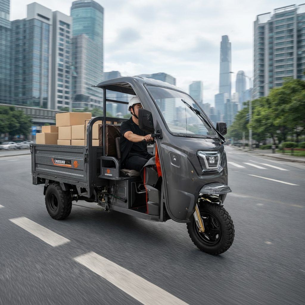Person driving a cargo tricycle with boxes in an urban Area