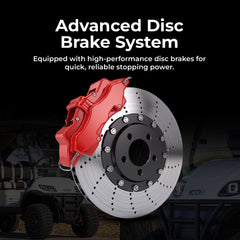 Advanced disc brake system with red caliper and metallic rotor 