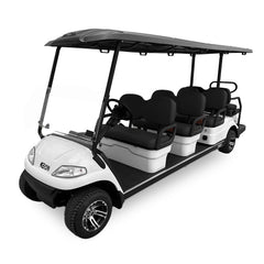 White Electric golf cart with black seats 