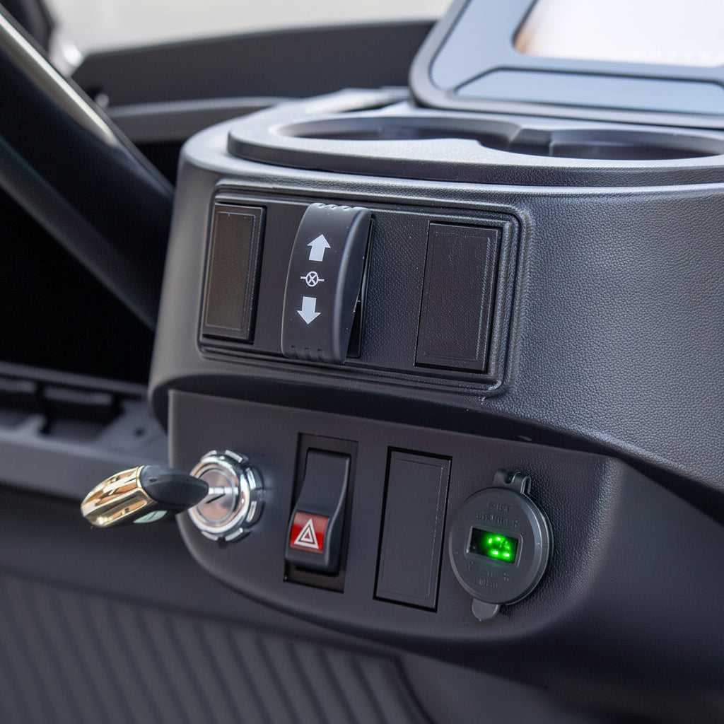 Close-up of a car's dashboard with various controls and indicators.