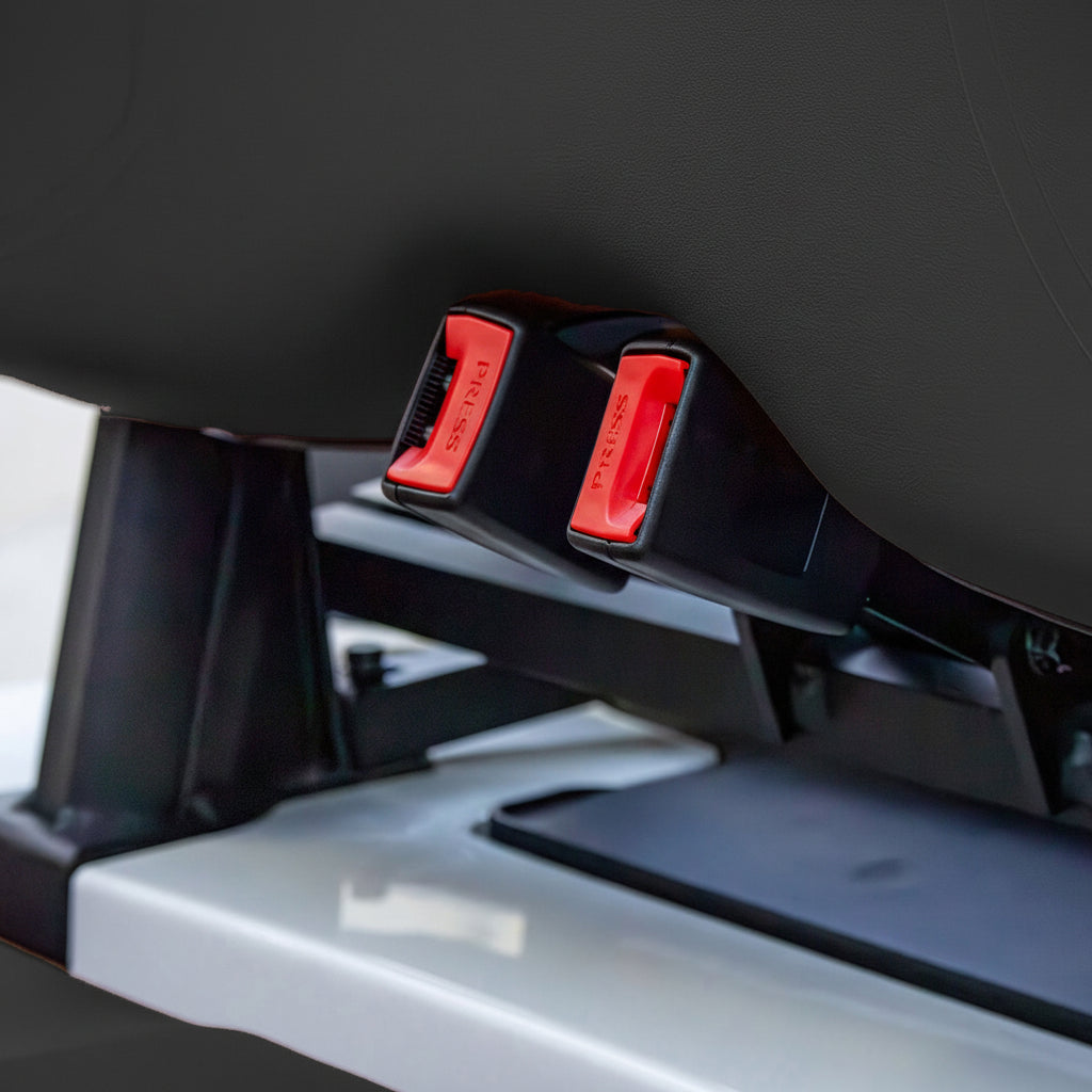 Keon Golf Cart seat with red seat belt buckles and a gray interior.