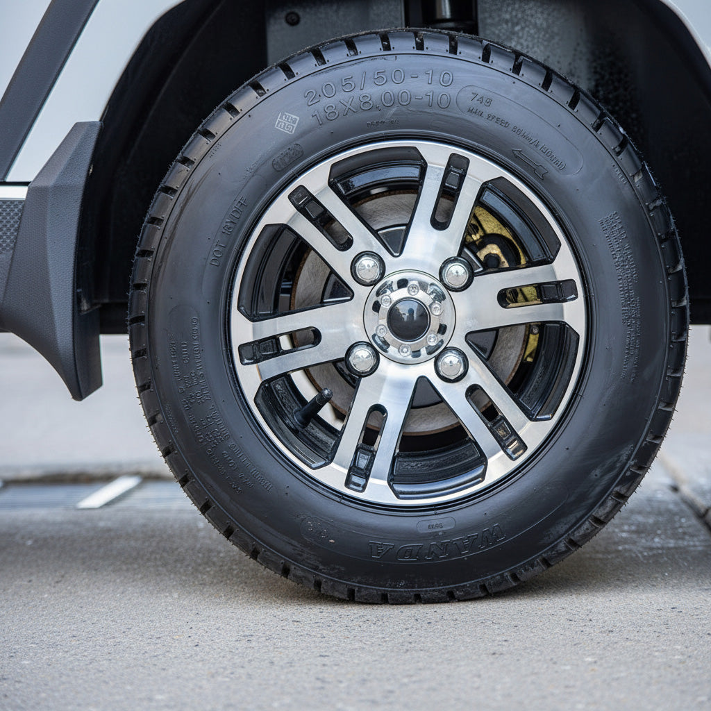 Close-up of a Golf cart tire with a silver alloy wheel on a concrete surface.