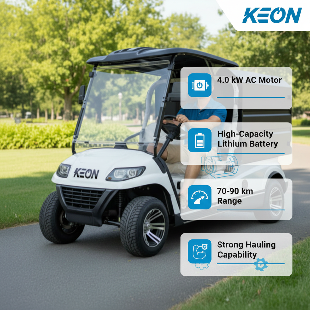 Man driving a white golf cart with Information