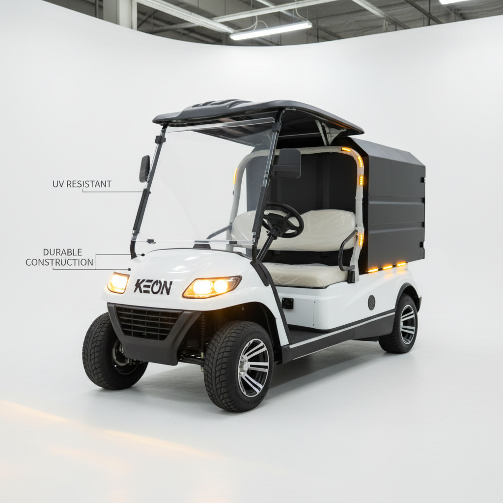 White golf cart with black roof on a white background, features