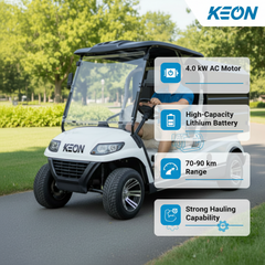 Man driving a white golf cart with Information