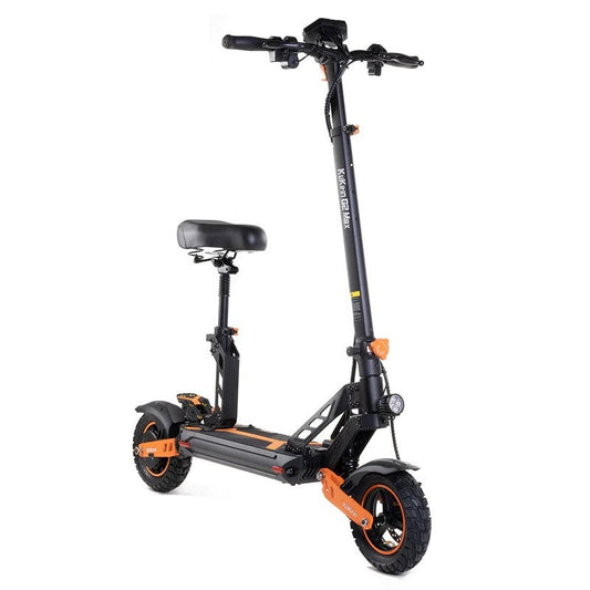 Black and orange electric scooter with a seat
