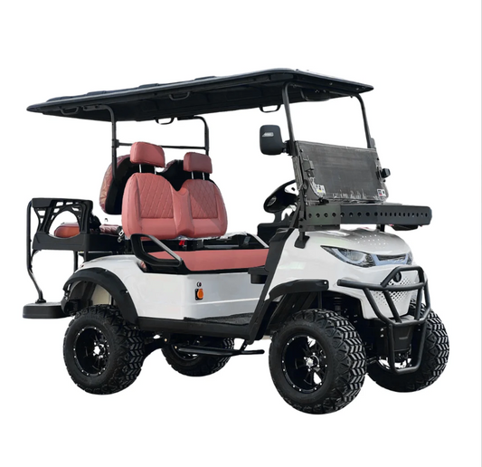 Pre-Owned Green Rider Lifted Electric Golf Cart 2+2 Seater side angle on a white background
