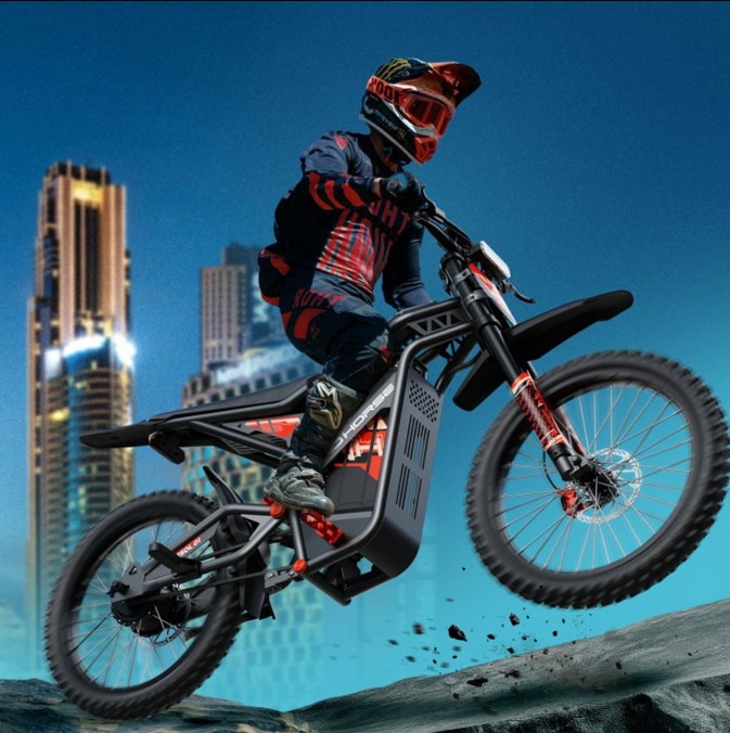 A rider riding Megawheels Sting 60 V Electric off Road Dirt Bike