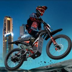 A rider riding Megawheels Sting 60 V Electric off Road Dirt Bike