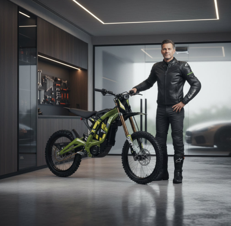 a man standing next to Surron Light Bee X Electric Bike 8000W yellow