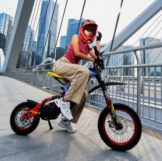  a girl sitting on Titaone Viper S Electric Dirt Bike High Performance 