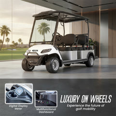Gulf Buggy golf cart in a modern indoor setting with 'Luxury on Wheels