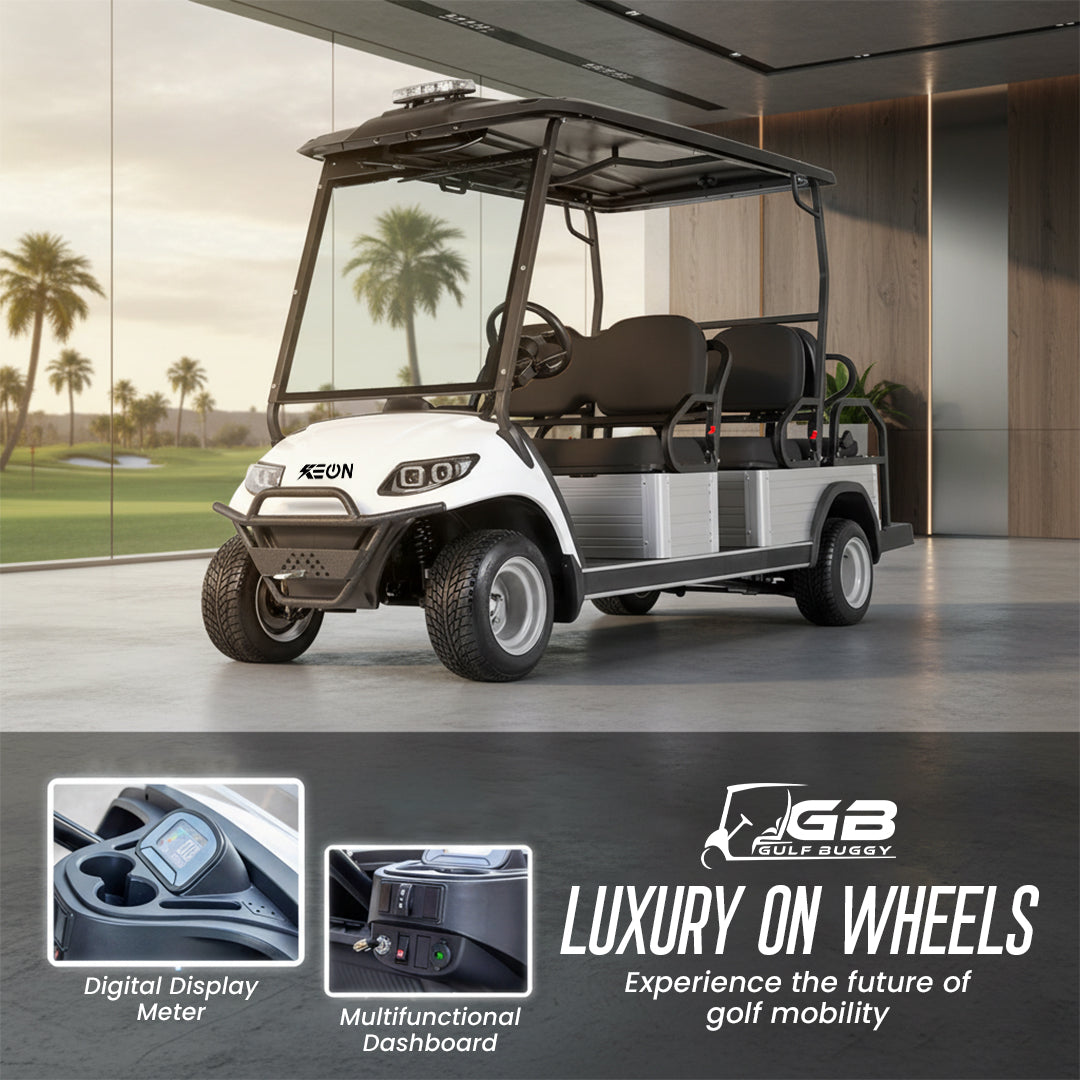 Gulf Buggy golf cart in a modern indoor setting with 'Luxury on Wheels