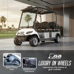 Gulf Buggy golf cart in a modern indoor setting with 'Luxury on Wheels