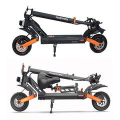 Two views of a black and orange electric scooter
