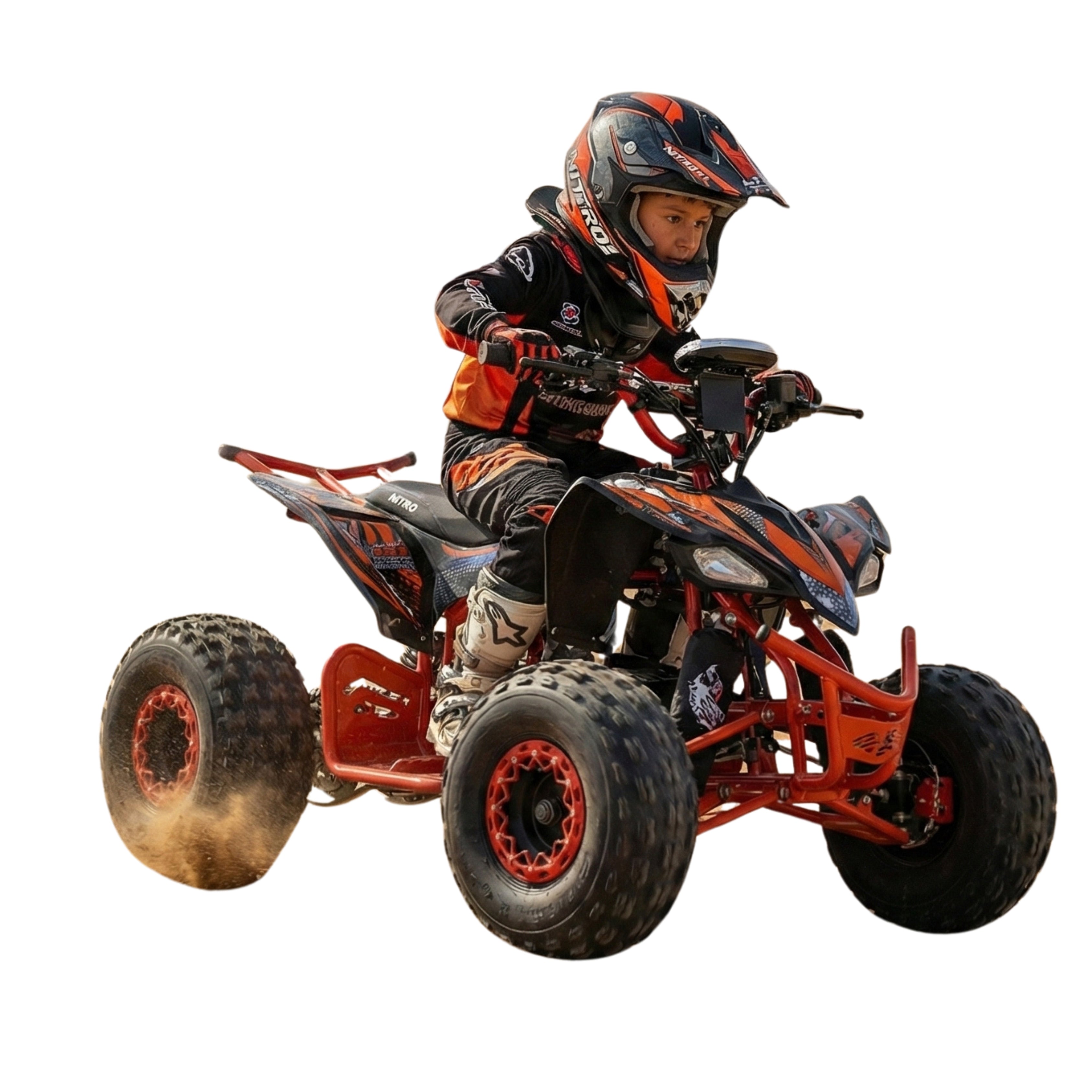 Child in protective gear riding a red and black ATV 