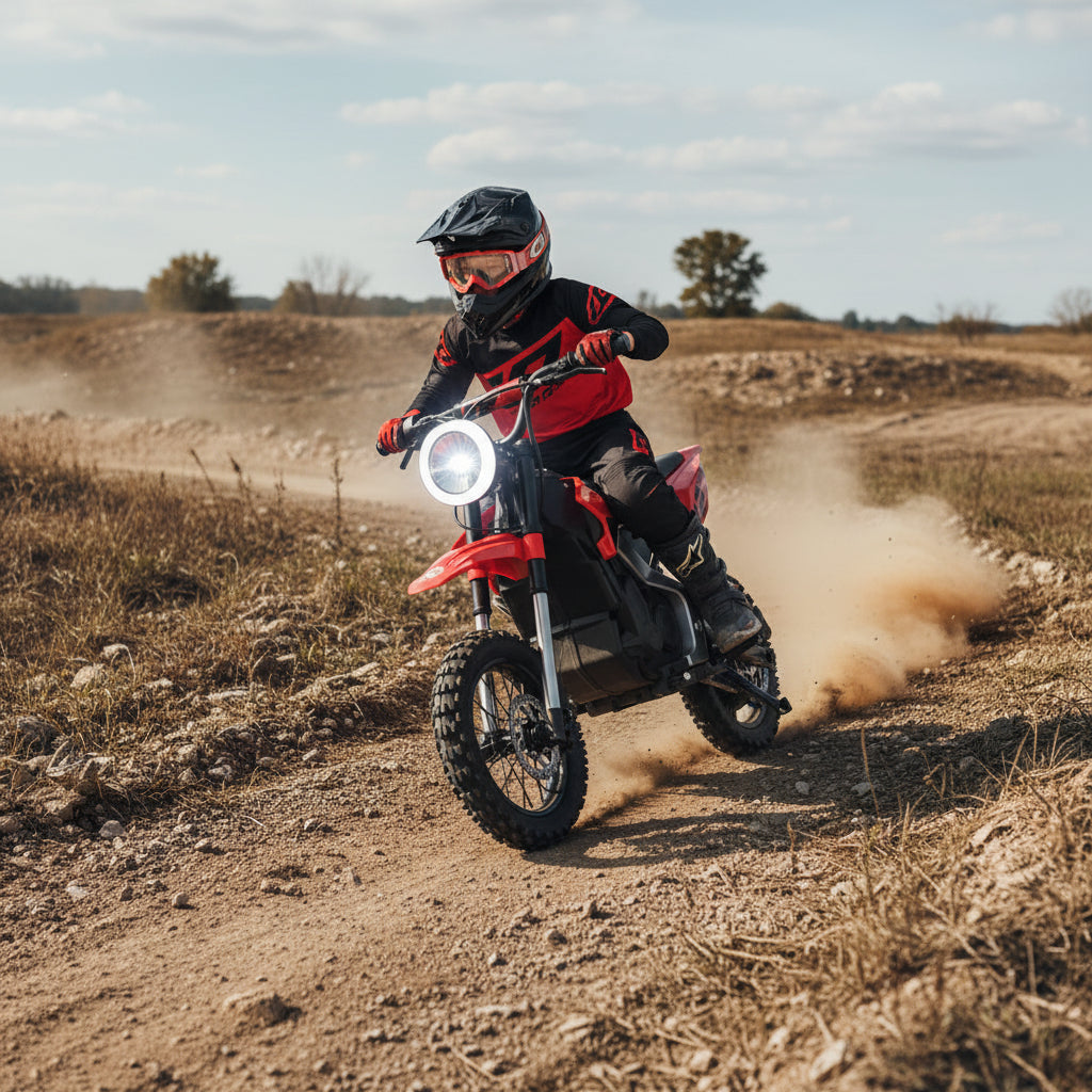 Child riding a dirt bike on a dirt path with a helmet and protective gear.