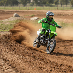 Green Electric Dirt Bike  500W Brushless Motor on a dirt track