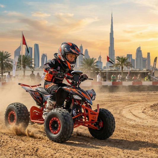 Child riding an ATV with a city skyline