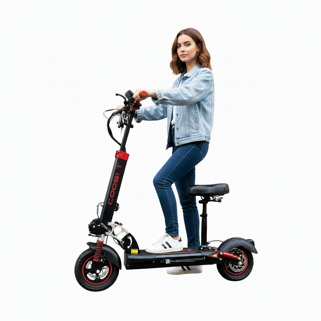 A girl riding a black electric scooter with a seat