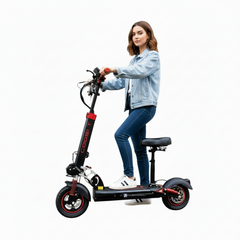 A girl riding a black electric scooter with a seat