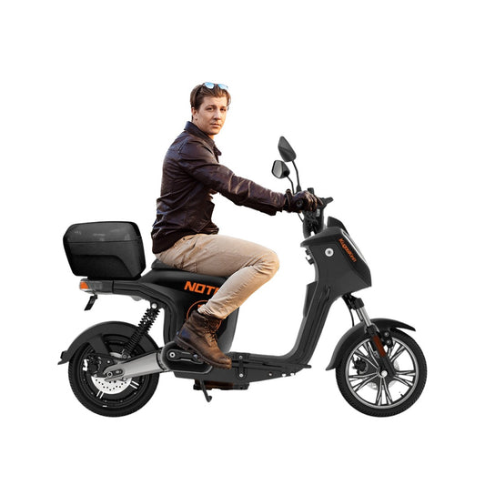 Man sitting on Kugoo Kirin Note Motor Scooter 50KM Speed 60KM Range 800W Power White Black