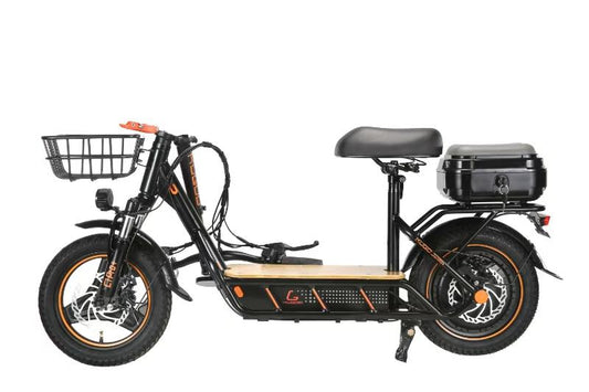 Black Foldable electric bike with a basket and seat