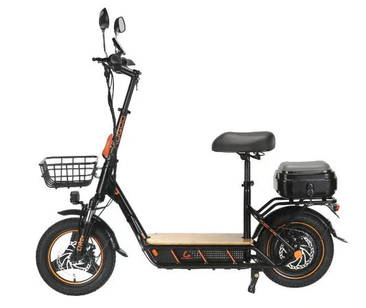 Black electric scooter with a seat and a basket 