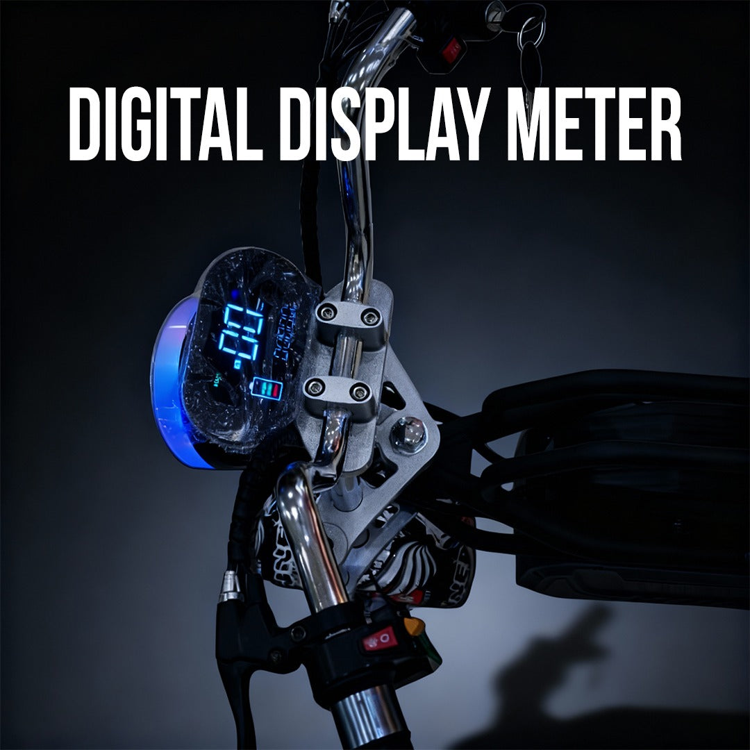 Digital display meter on a motorcycle handlebar