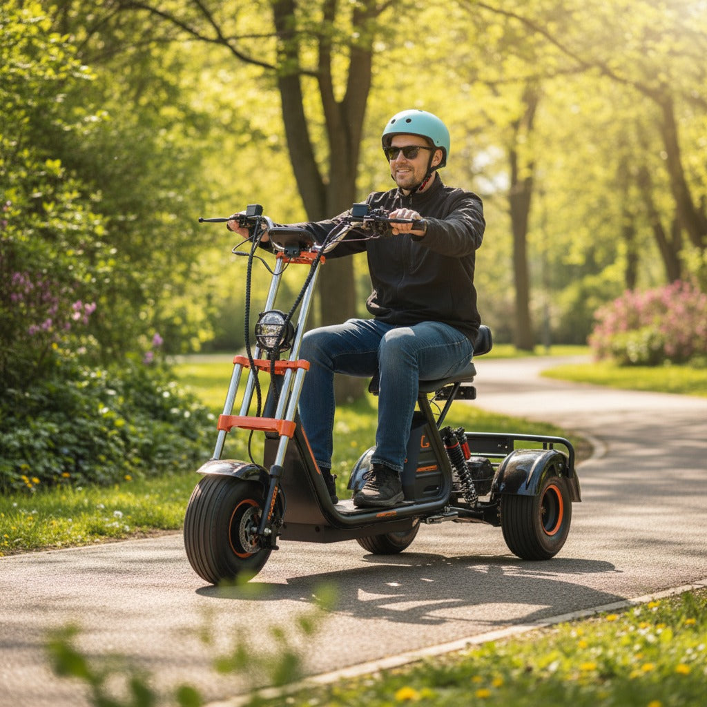 Man riding a three-wheeled electric scooter in a park
