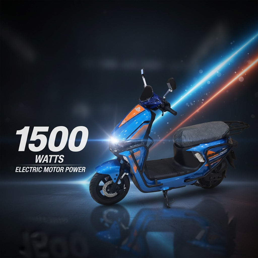 Blue electric scooter with a 1500-watt electric motor power 
