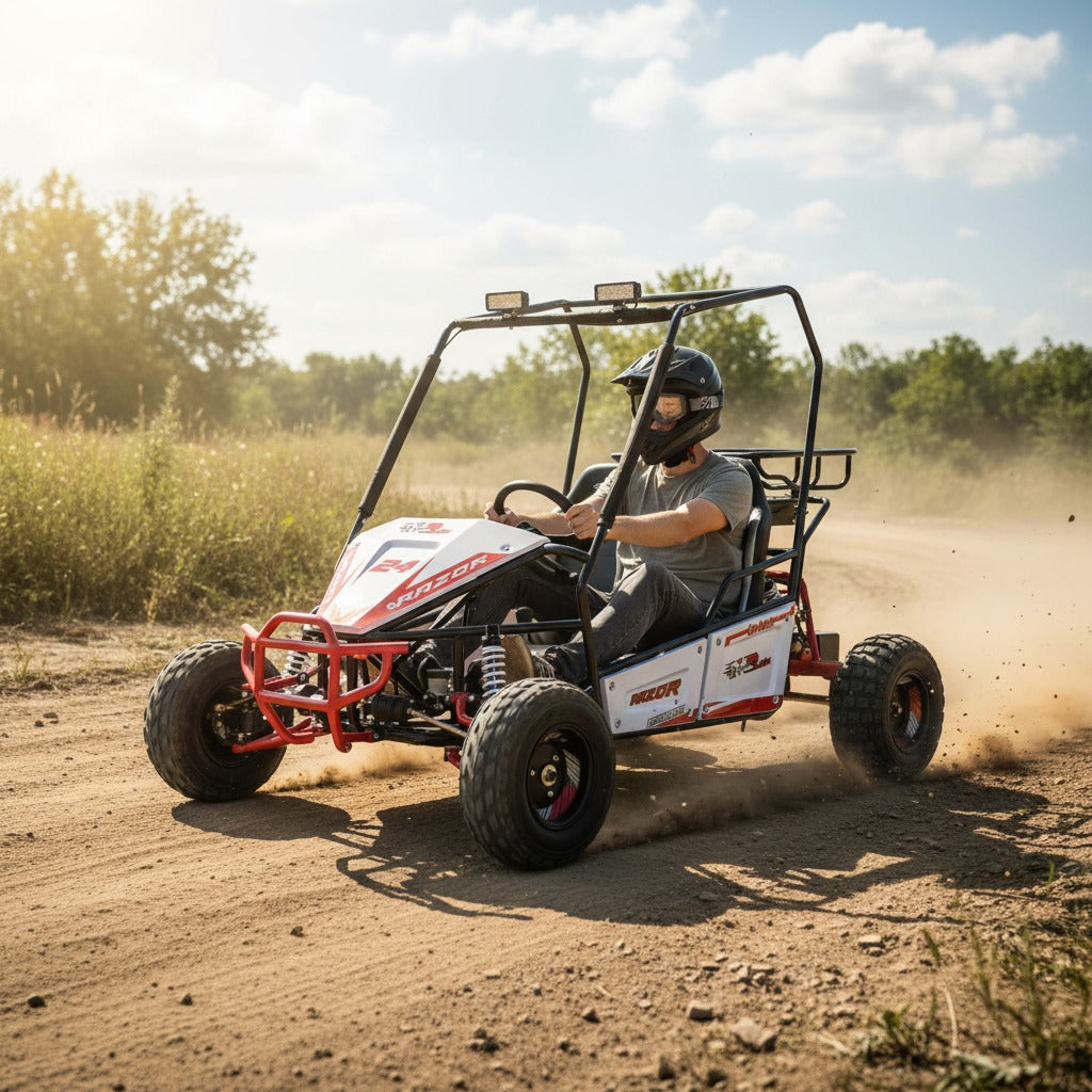 A person driving a go-kart on a dirt track