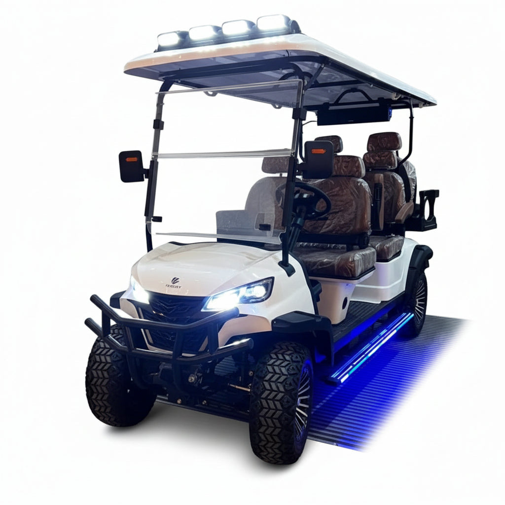 White golf cart with brown seats