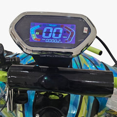 Close-up of a motorcycle's digital speedometer with colorful display 