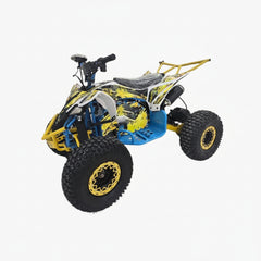 Model of a four-wheeler with a yellow and blue design