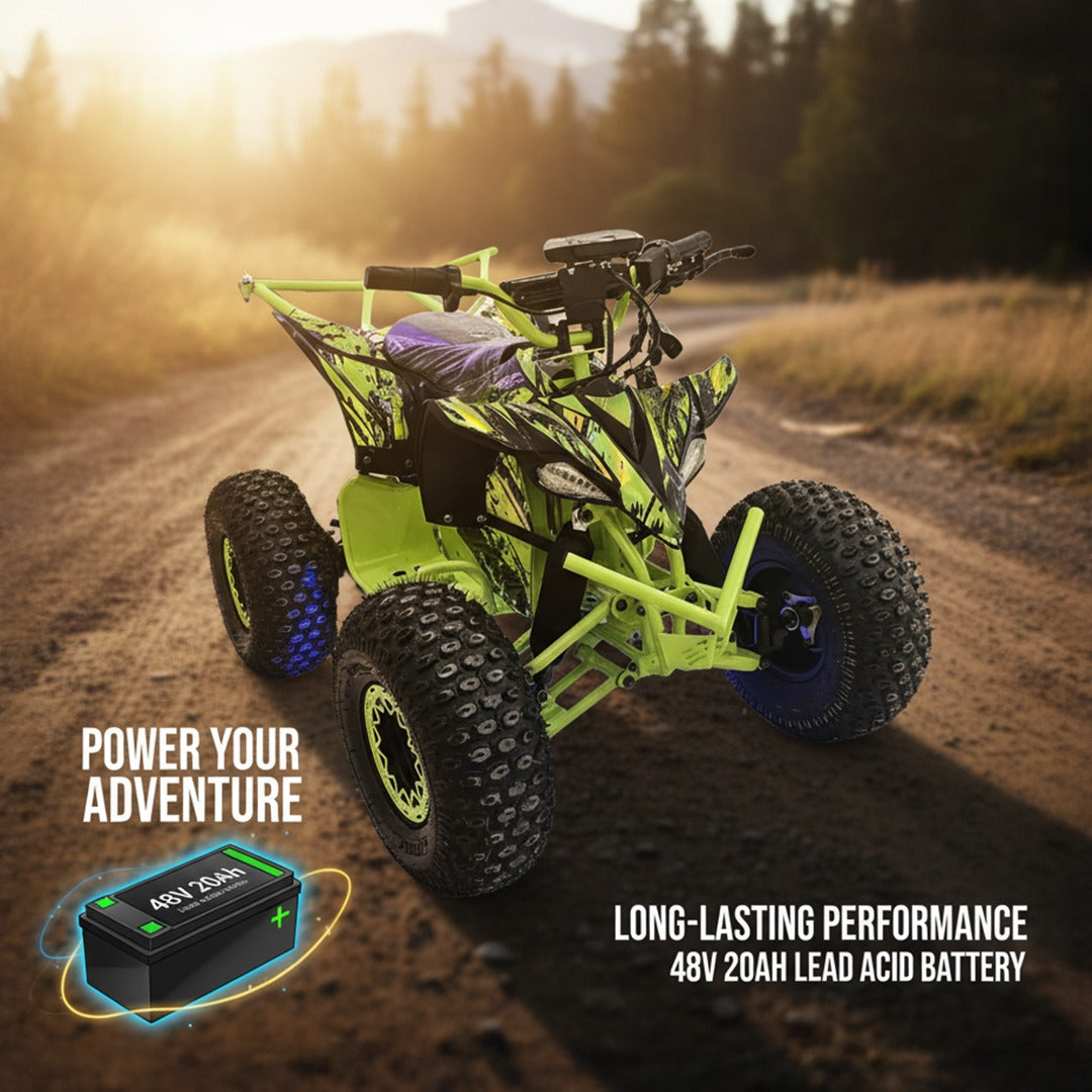 Green ATV on a dirt road with battery information displayed