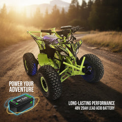 Green ATV on a dirt road with battery information displayed