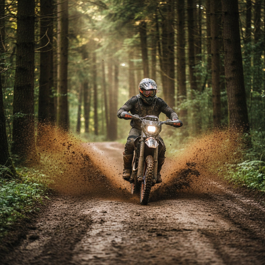 A person riding a motorcycle on a muddy forest road