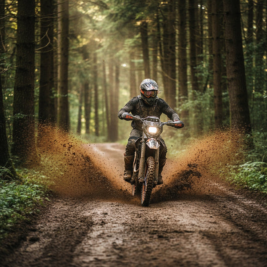 A person riding a motorcycle on a muddy forest road