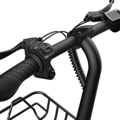 Close-up of a bicycle handlebar with brake lever and basket