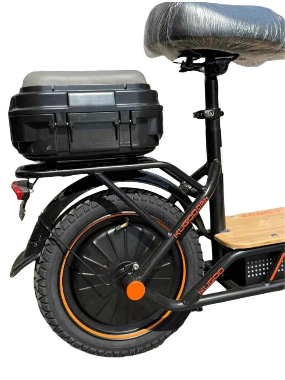 Black electric scooter with a storage box and wooden seat