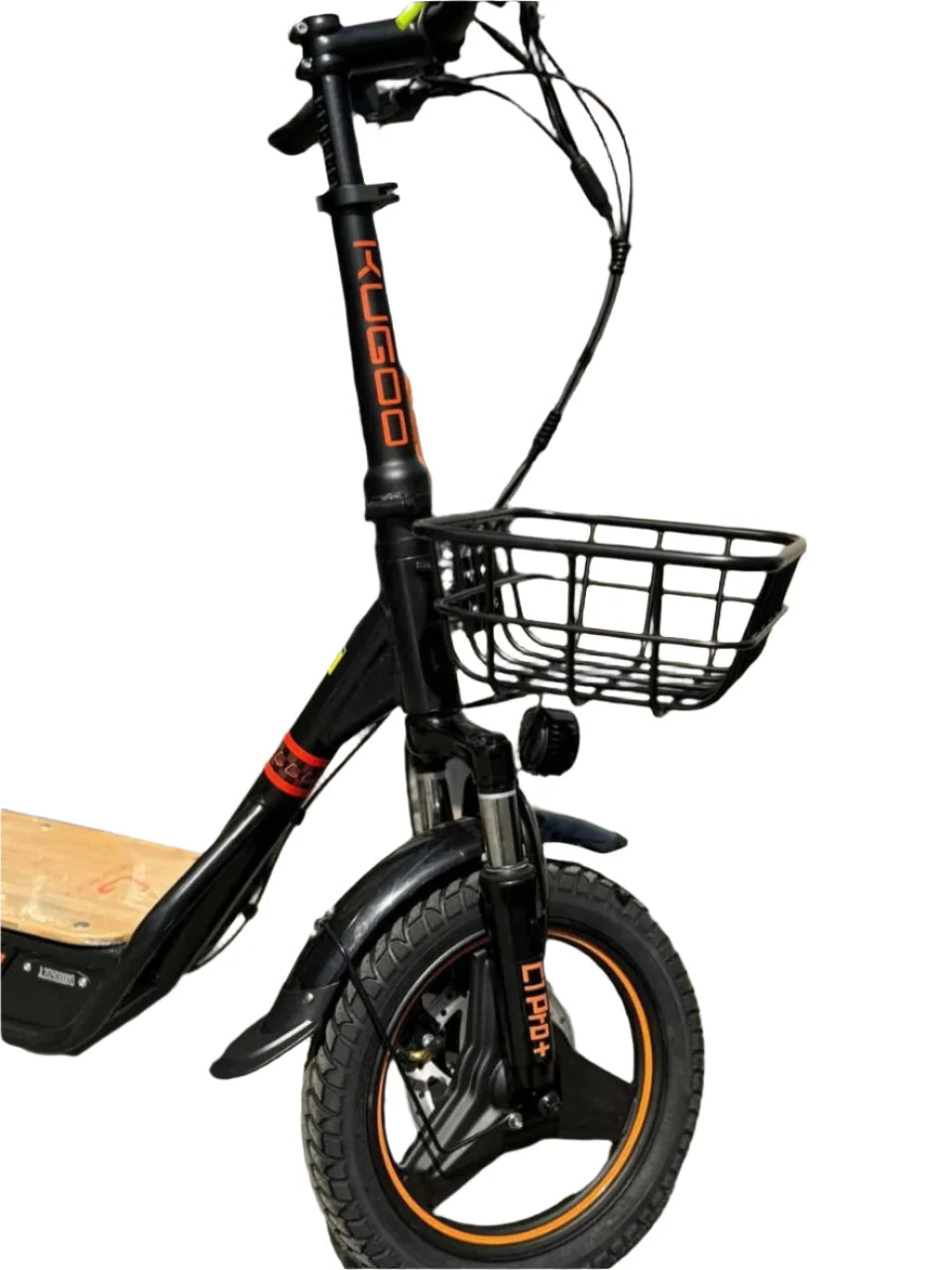 Front view of the Black e-bike with a basket