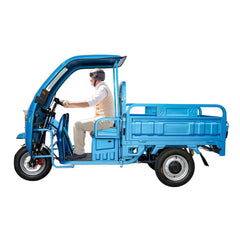 Blue cargo tricycle with a person inside