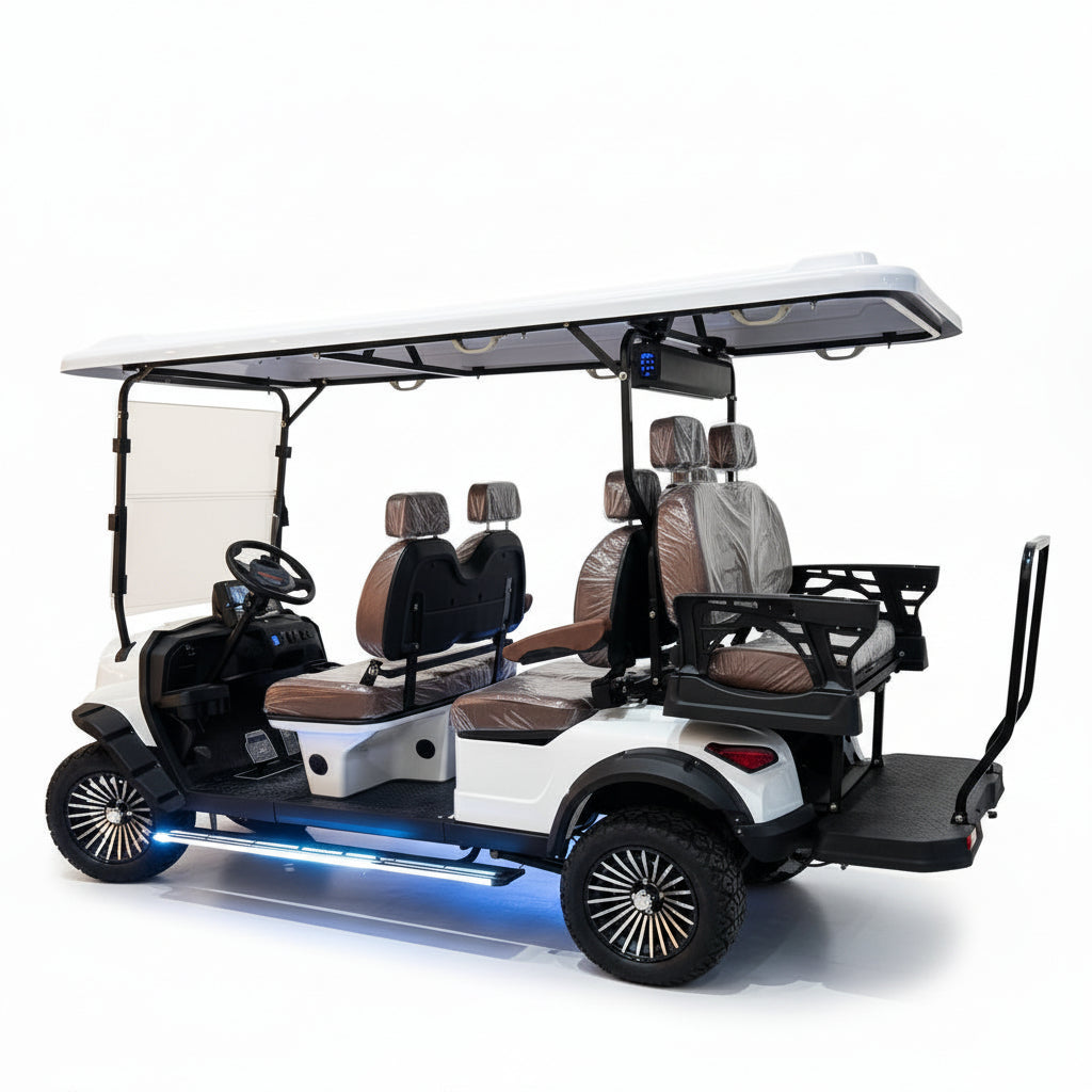 Side view of a white golf cart with brown seats